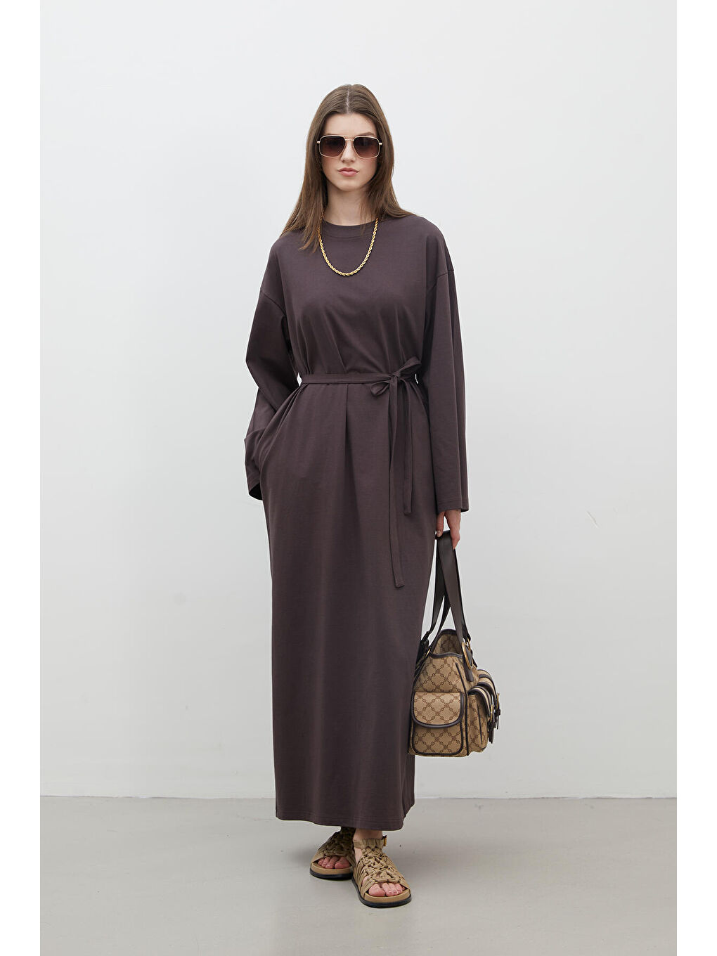 Kahverengi Oversize Pamuklu Elbise Acı Kahve