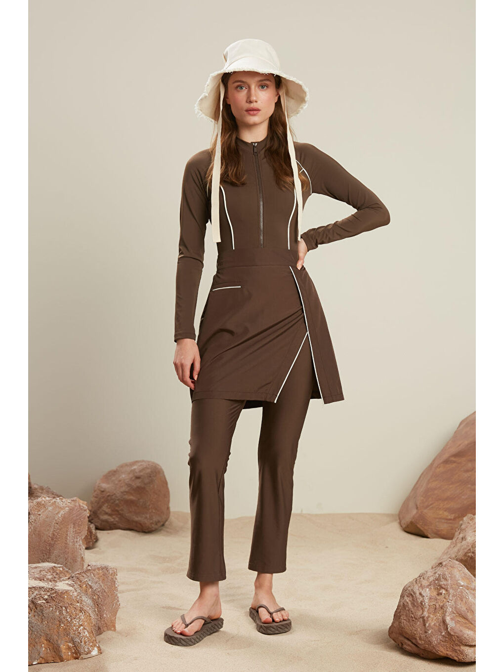 Tesettür Biyeli Mayo Etek Kahverengi-1