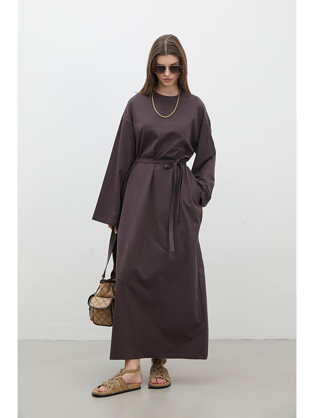 Kahverengi Oversize Pamuklu Elbise Acı Kahve-2