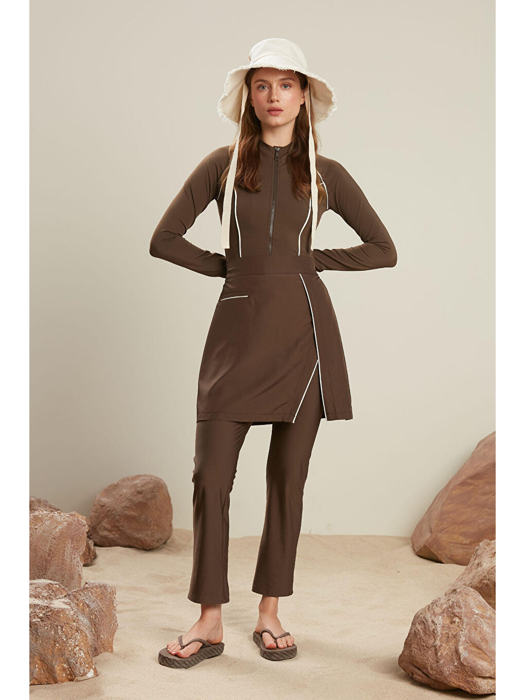 Tesettür Biyeli Mayo Etek Kahverengi-2