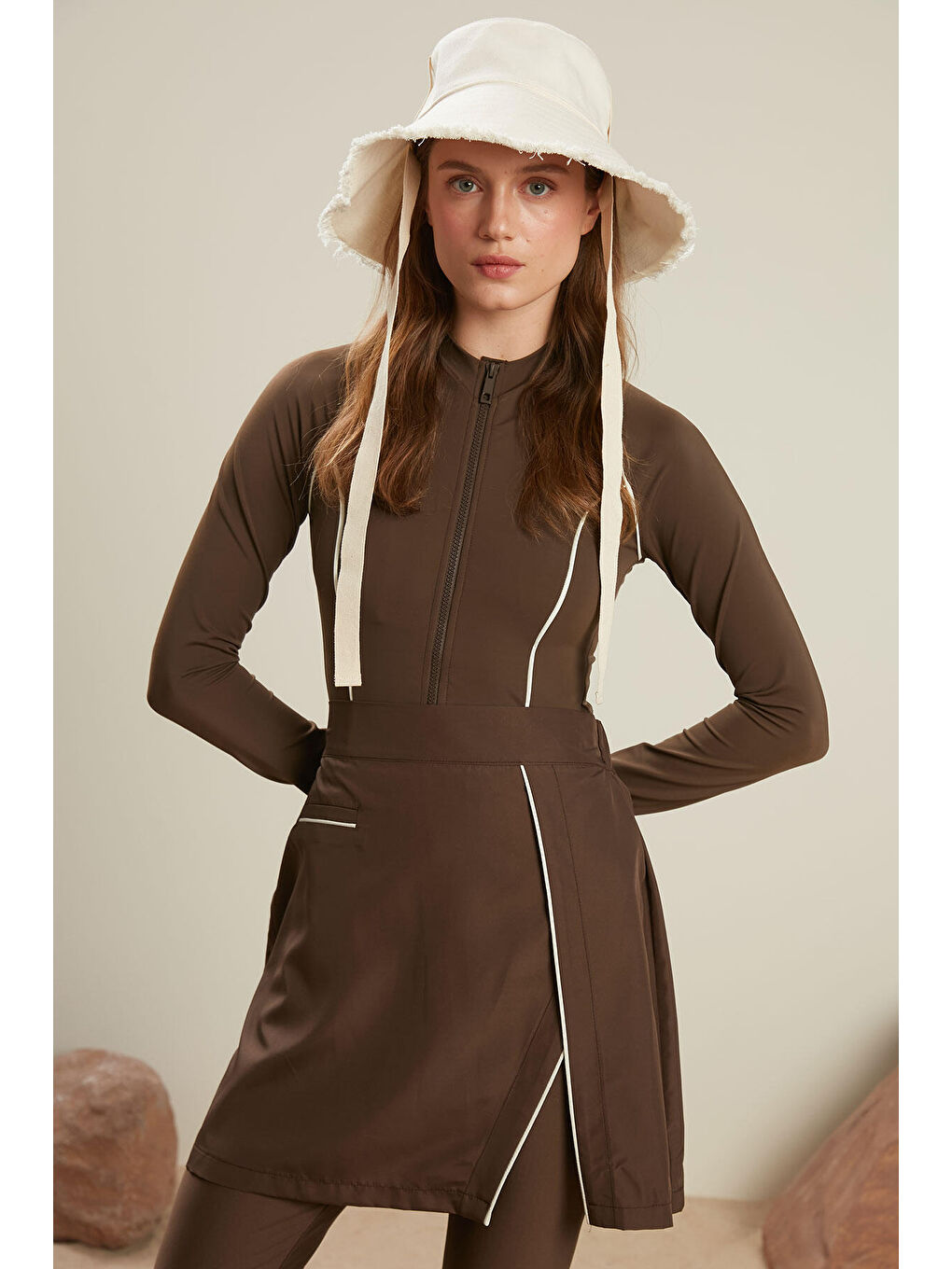 Tesettür Biyeli Mayo Etek Kahverengi-3