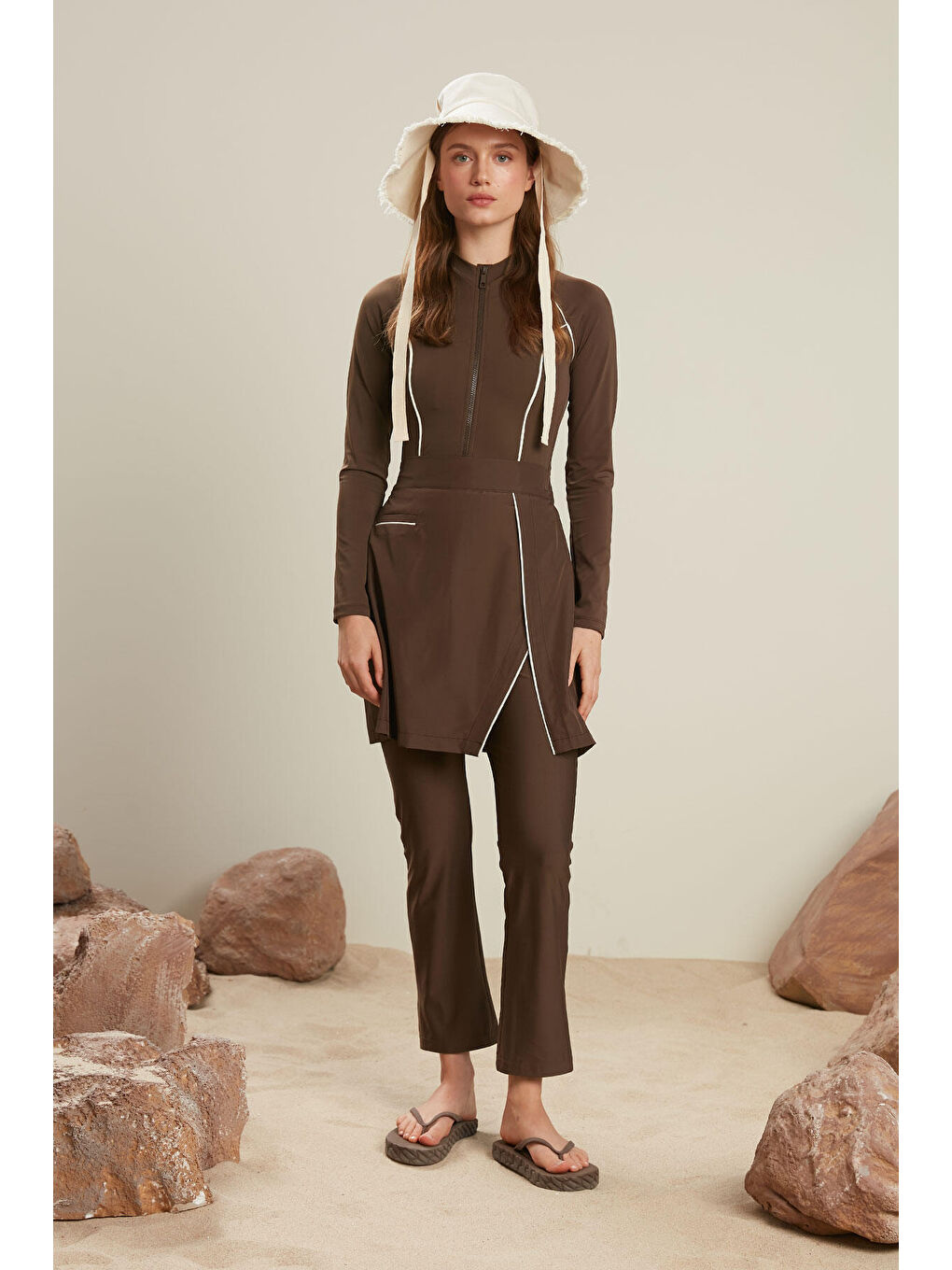 Tesettür Biyeli Mayo Etek Kahverengi-4