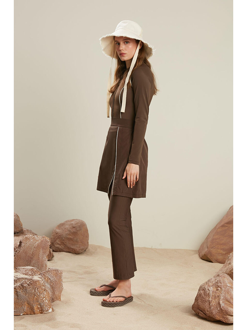 Tesettür Biyeli Mayo Etek Kahverengi-5