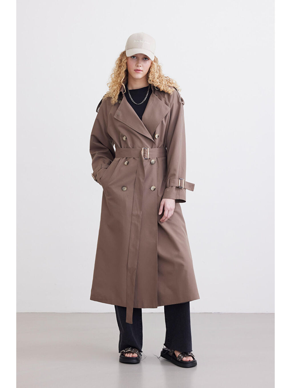 Bej Çift Kullanışlı Tasarım Trençkot Vizon