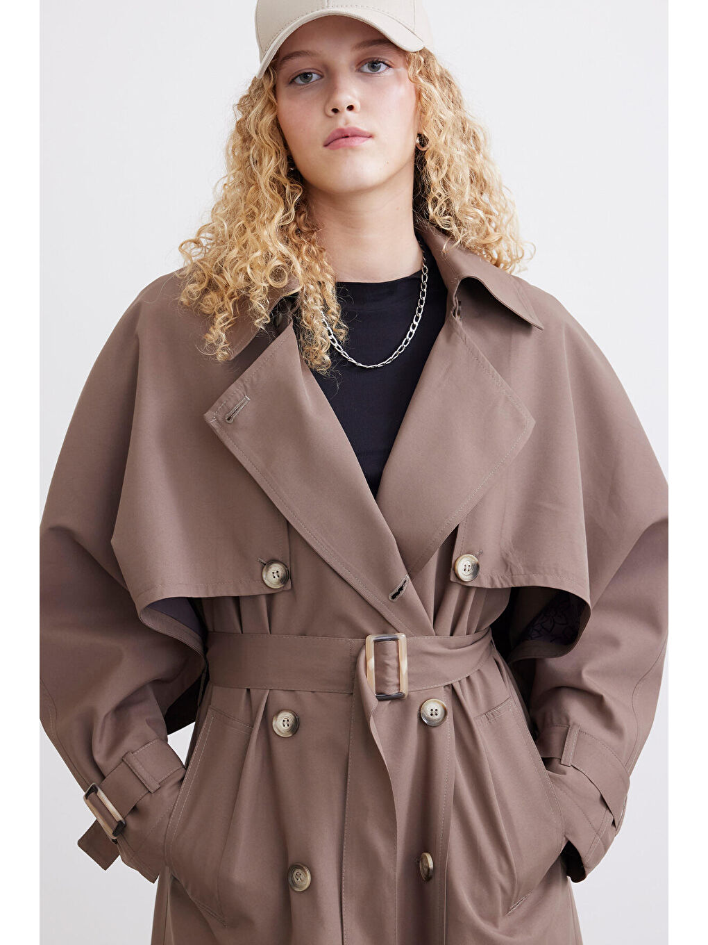 Bej Çift Kullanışlı Tasarım Trençkot Vizon-3