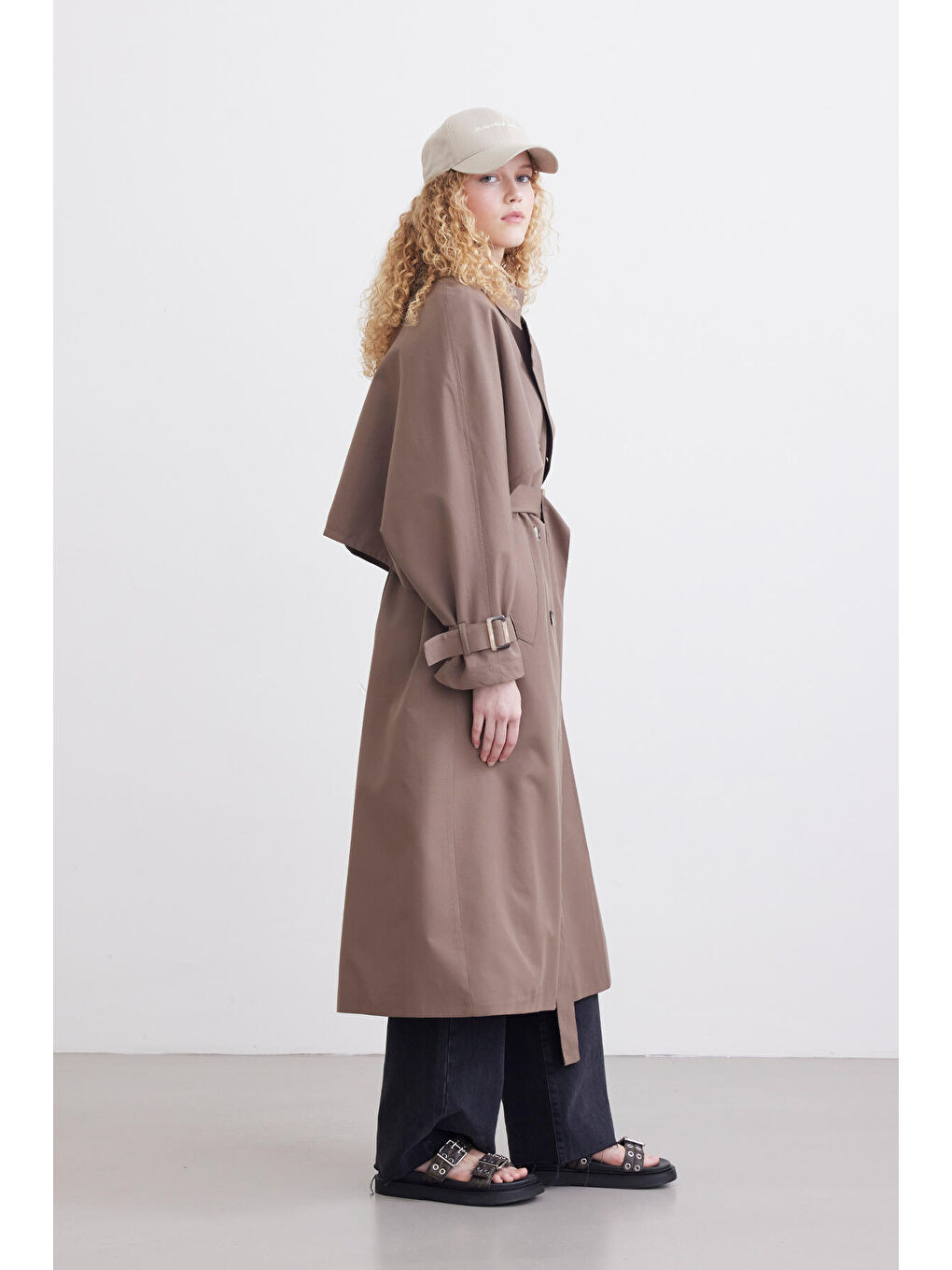 Bej Çift Kullanışlı Tasarım Trençkot Vizon-4