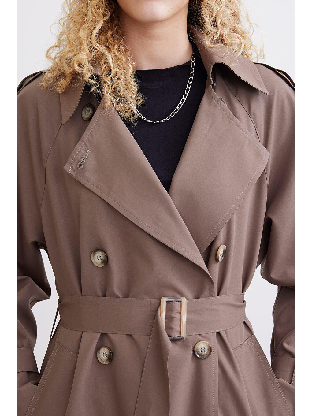 Bej Çift Kullanışlı Tasarım Trençkot Vizon-5