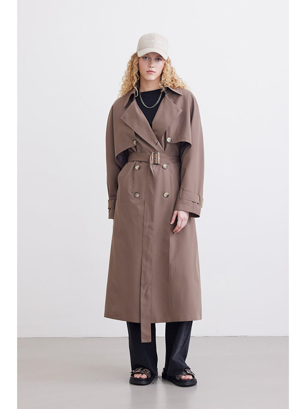 Bej Çift Kullanışlı Tasarım Trençkot Vizon-6