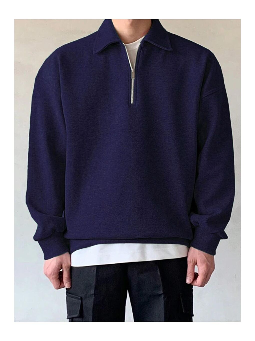 GENIUS STORE Lacivert Erkek Polo Yaka Oversize Sweatshirt Yarım Fermuar Sweatshirt - 2