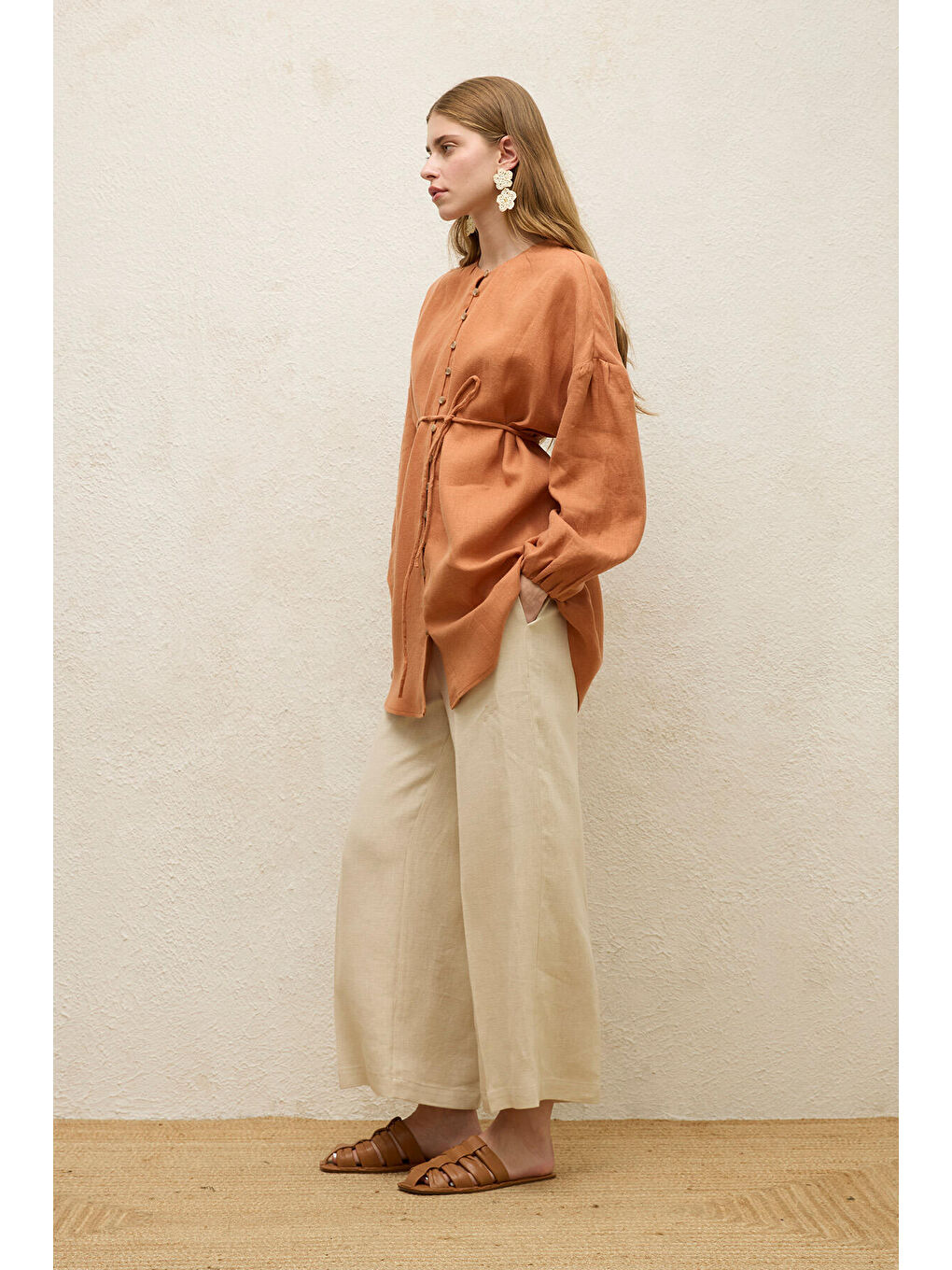 Kahverengi Keten Balon Kol Gömlek Kiremit-1