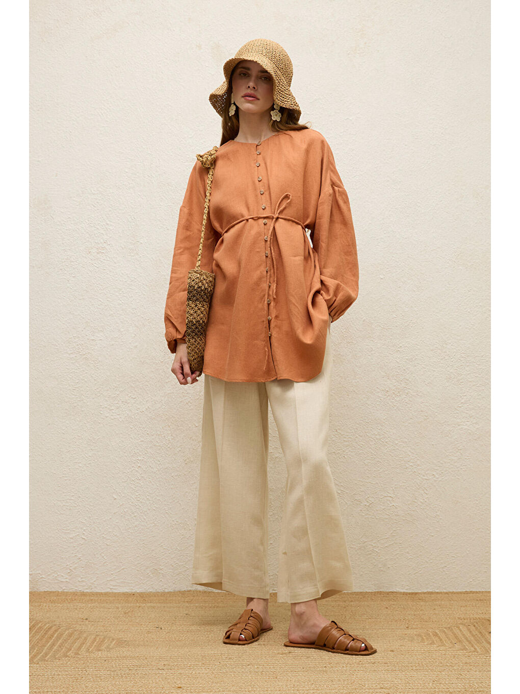 Kahverengi Keten Balon Kol Gömlek Kiremit-2