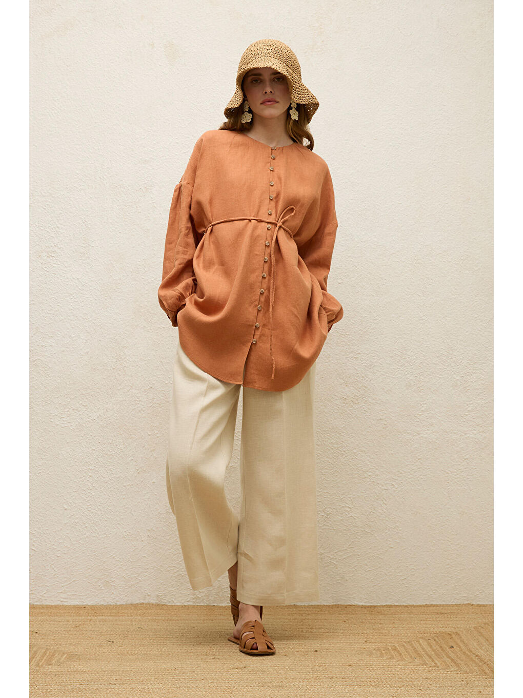 Kahverengi Keten Balon Kol Gömlek Kiremit-3