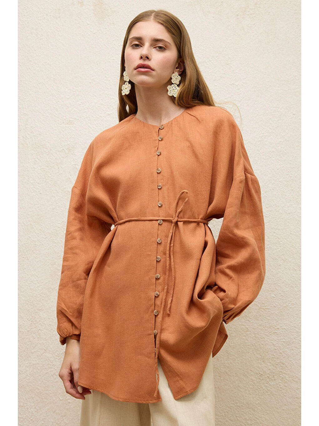 Kahverengi Keten Balon Kol Gömlek Kiremit-4