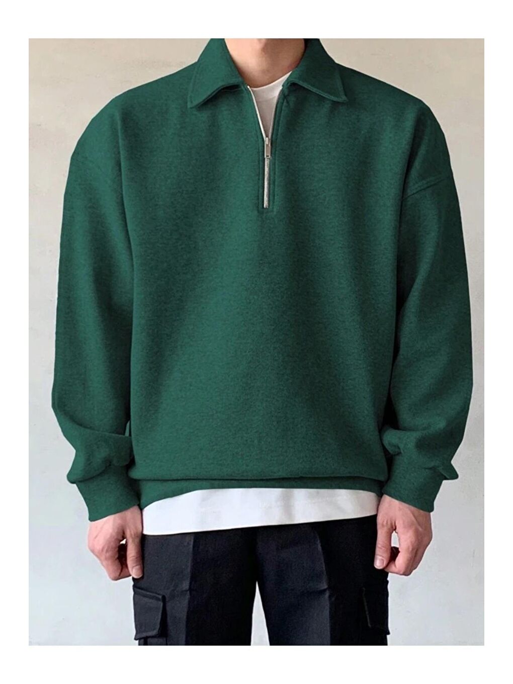 GENIUS STORE Yeşil Erkek Polo Yaka Oversize Sweatshirt Yarım Fermuar Sweatshirt - 1