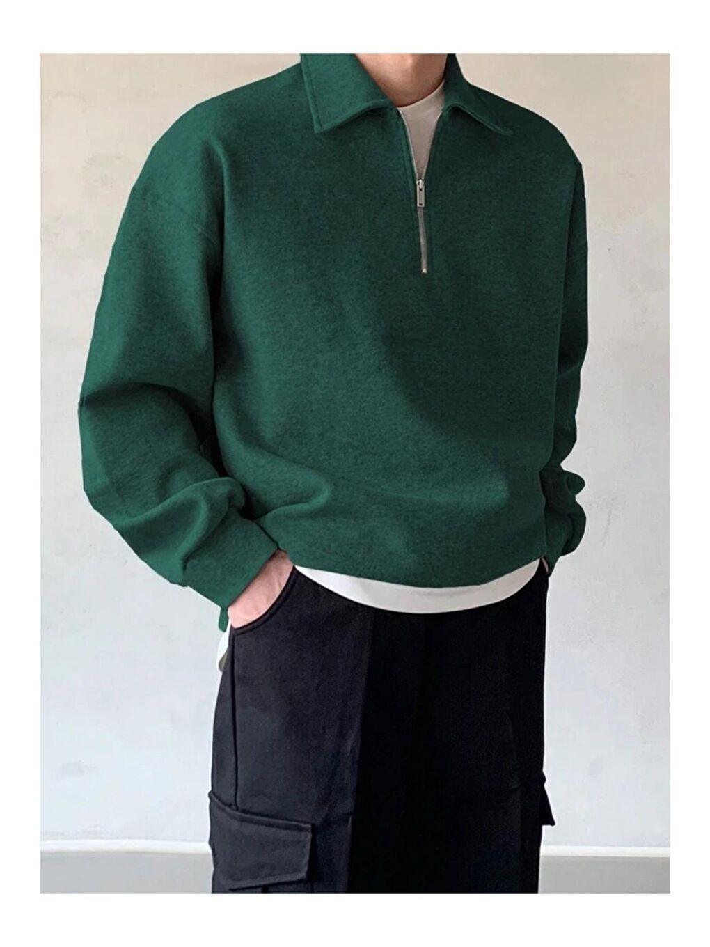 GENIUS STORE Yeşil Erkek Polo Yaka Oversize Sweatshirt Yarım Fermuar Sweatshirt - 2