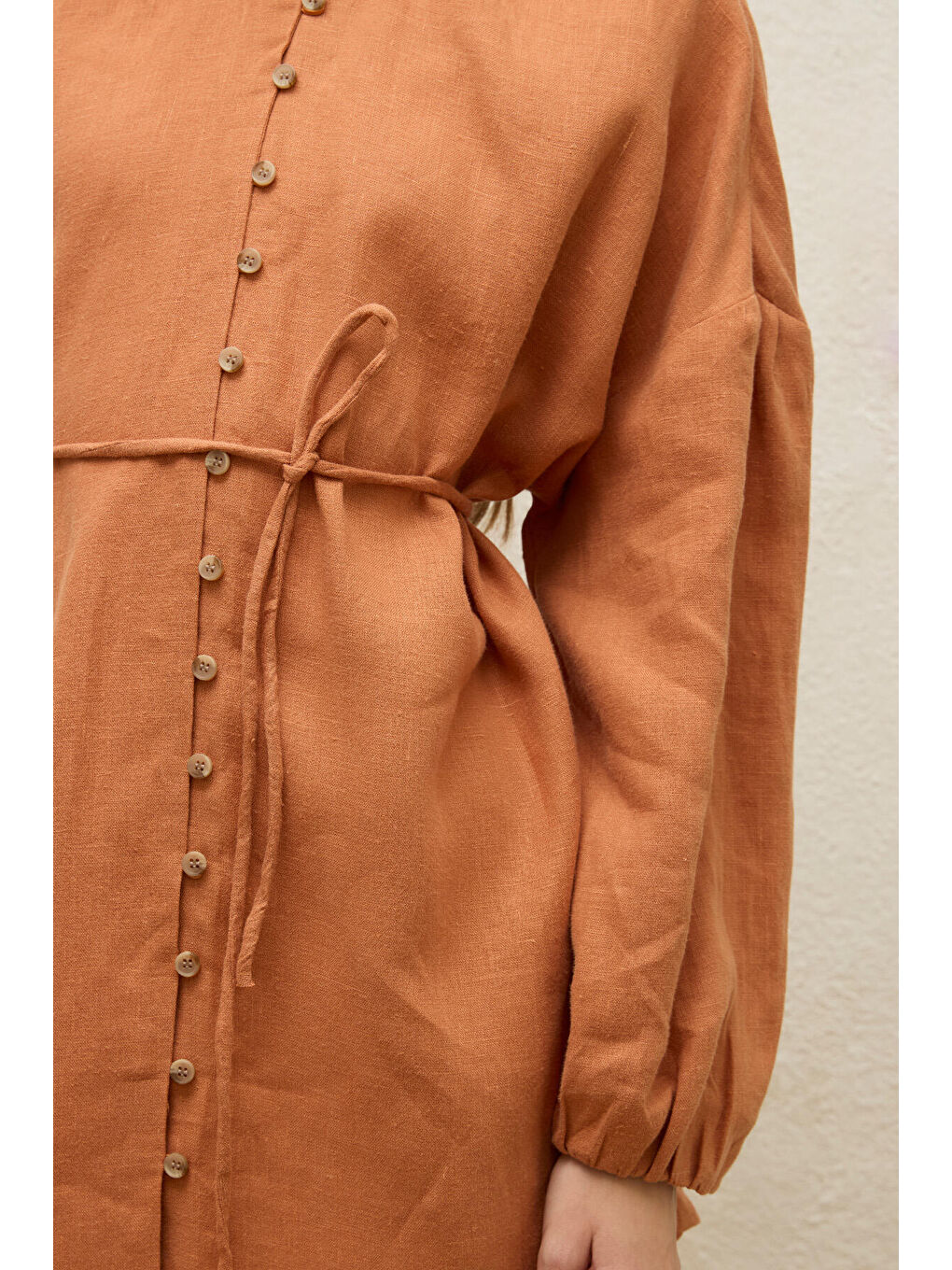 Kahverengi Keten Balon Kol Gömlek Kiremit-5