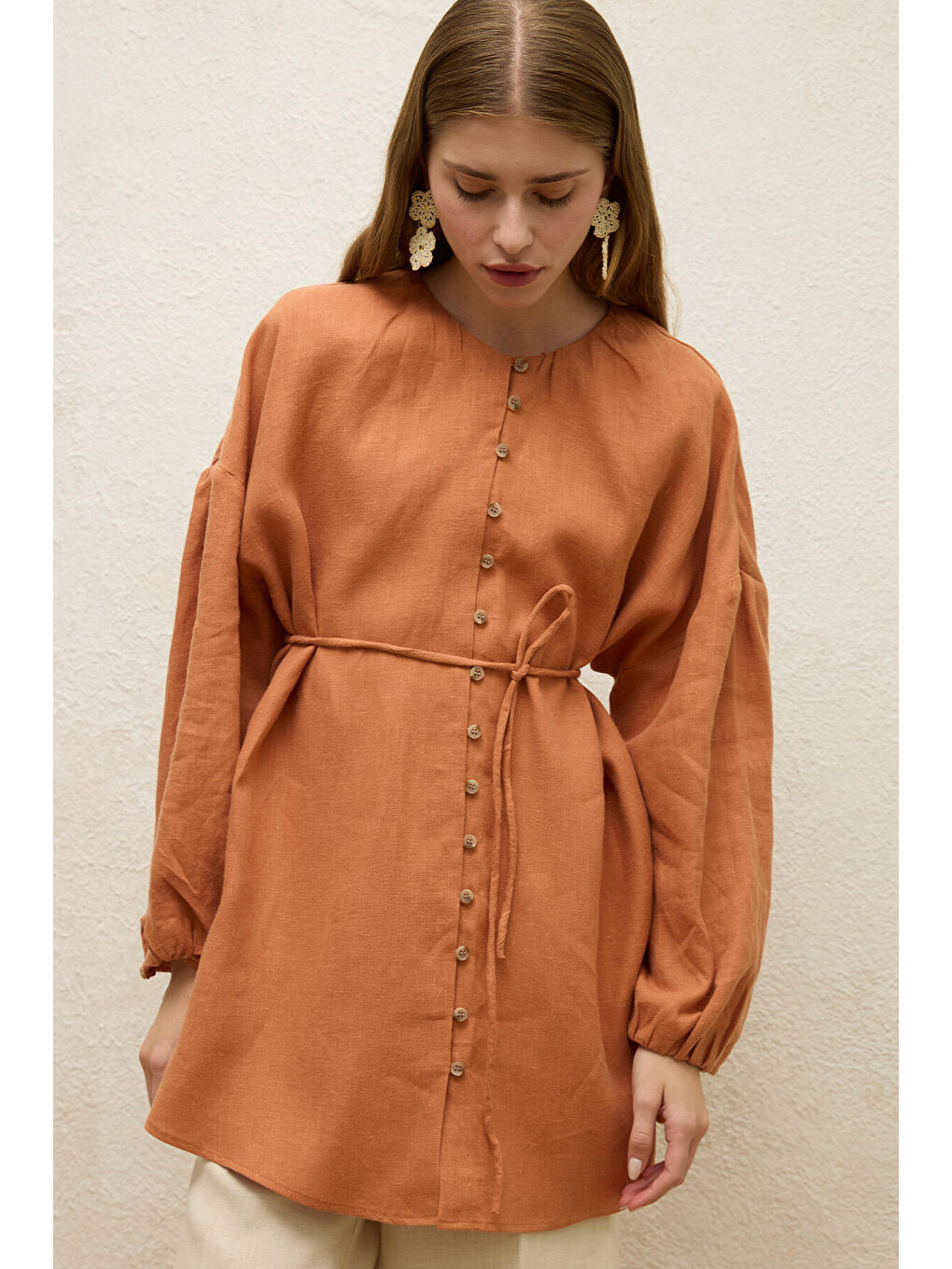 Kahverengi Keten Balon Kol Gömlek Kiremit-6