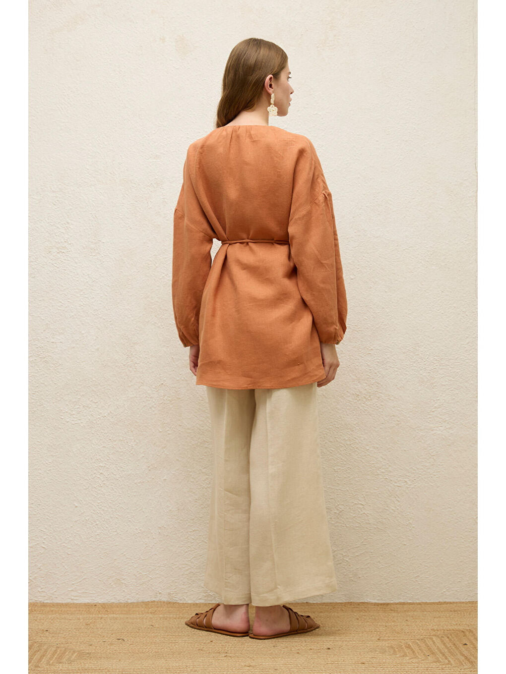 Kahverengi Keten Balon Kol Gömlek Kiremit-7