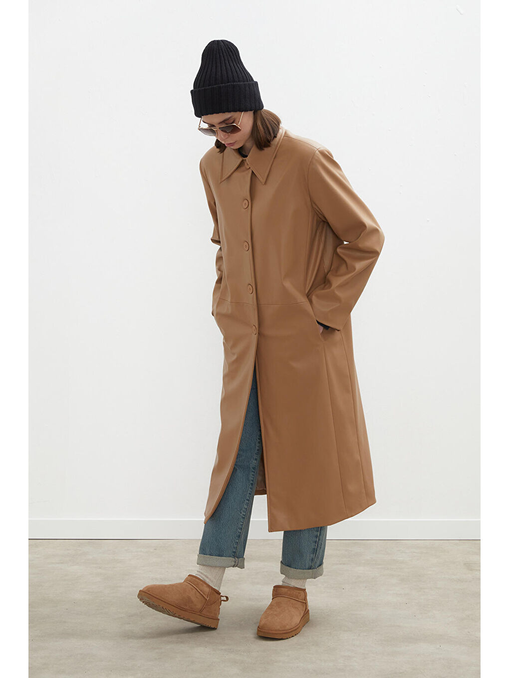 Kahverengi Haıley Deri Trençkot Camel