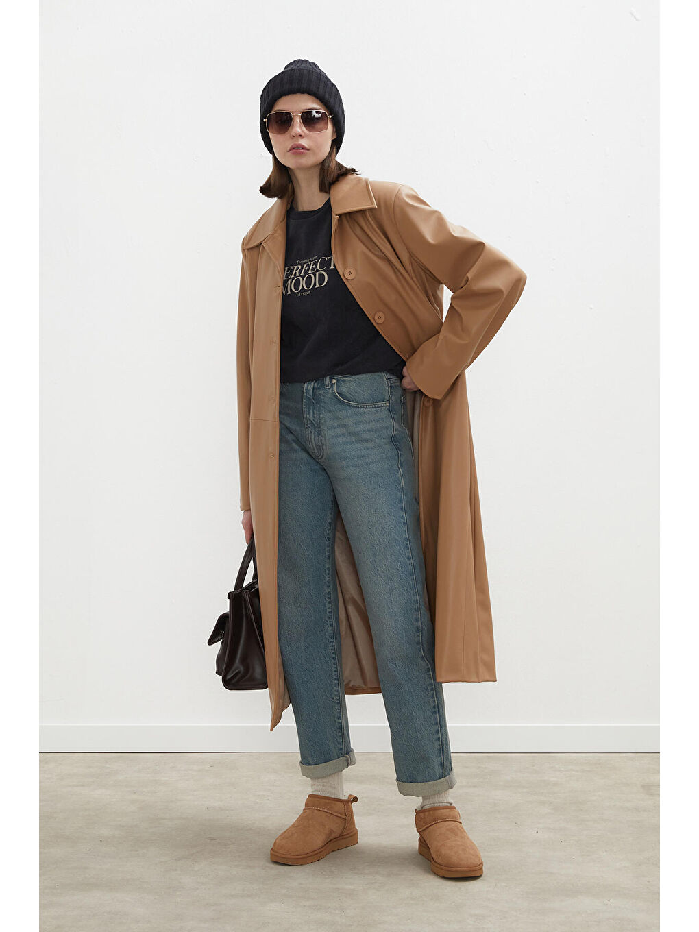 Kahverengi Haıley Deri Trençkot Camel-1