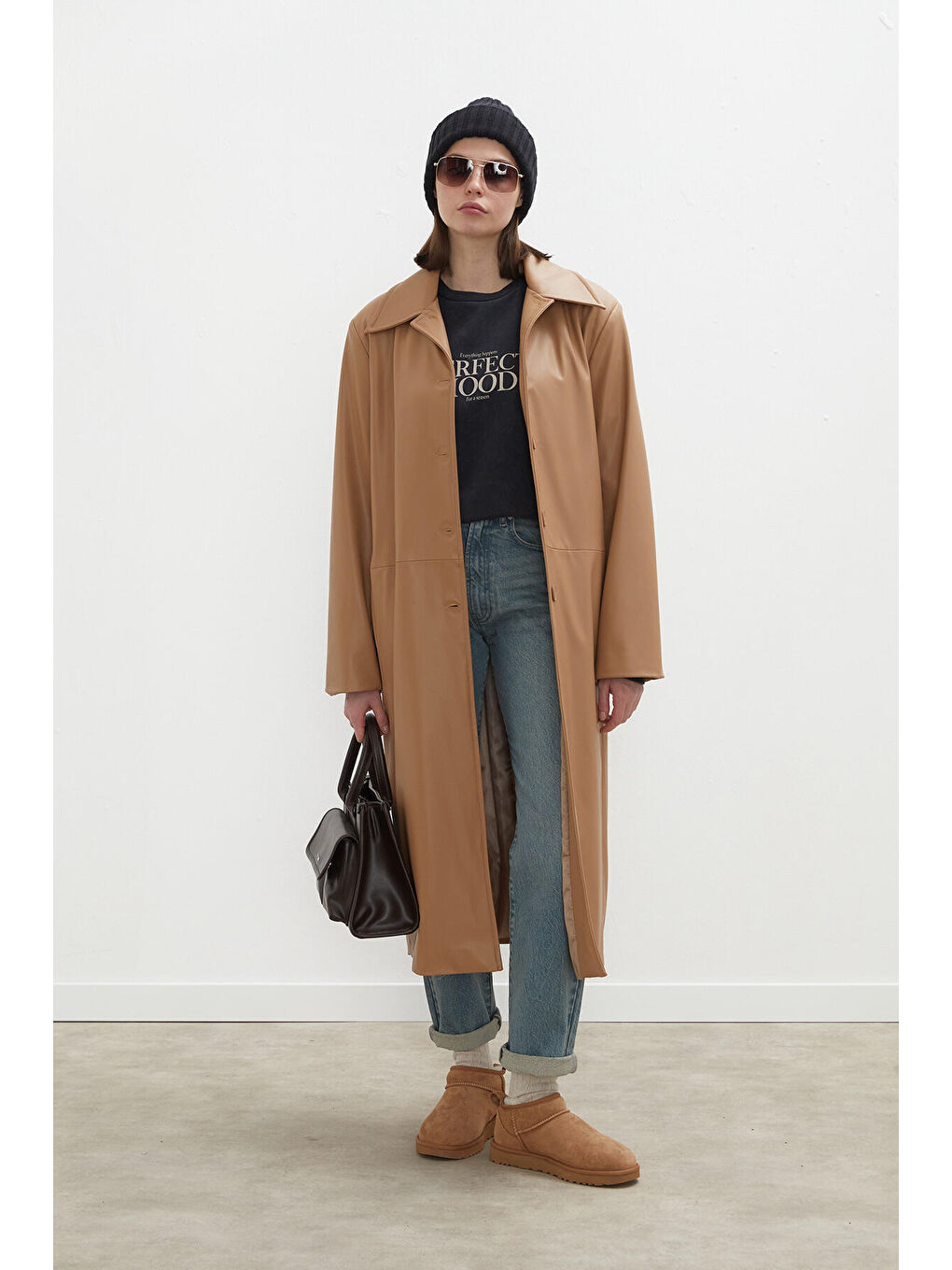 Kahverengi Haıley Deri Trençkot Camel-2