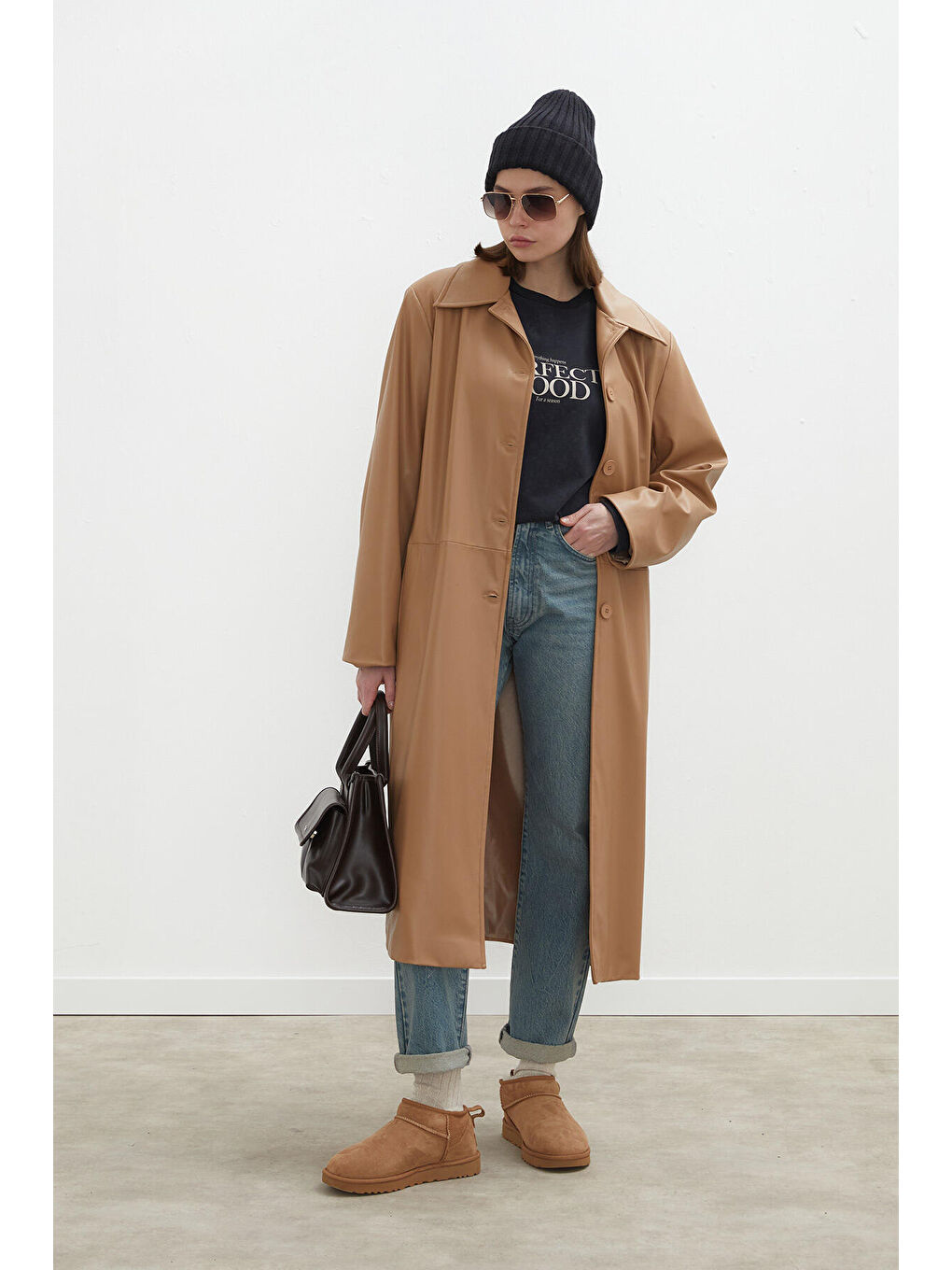 Kahverengi Haıley Deri Trençkot Camel-3