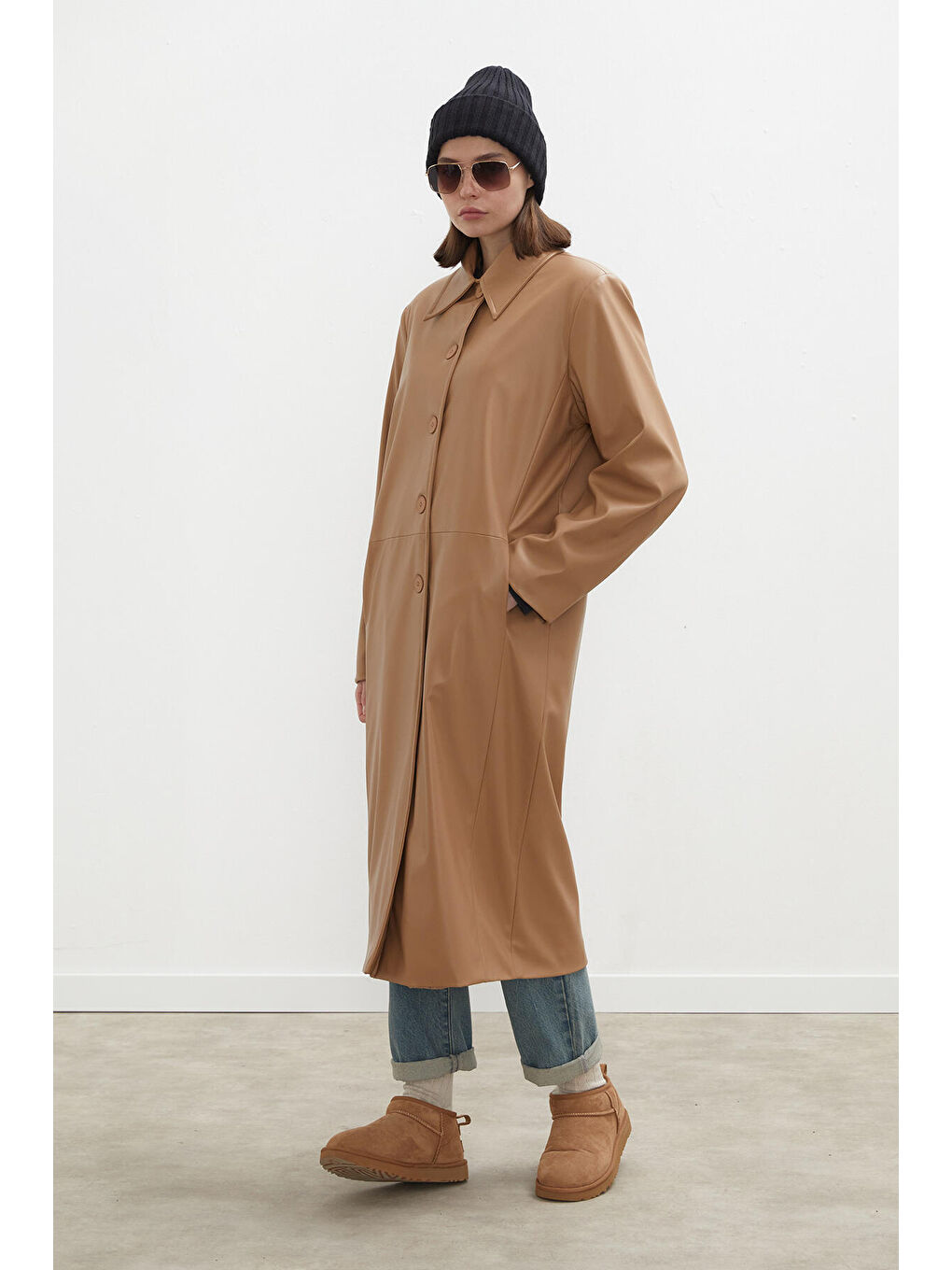 Kahverengi Haıley Deri Trençkot Camel-4