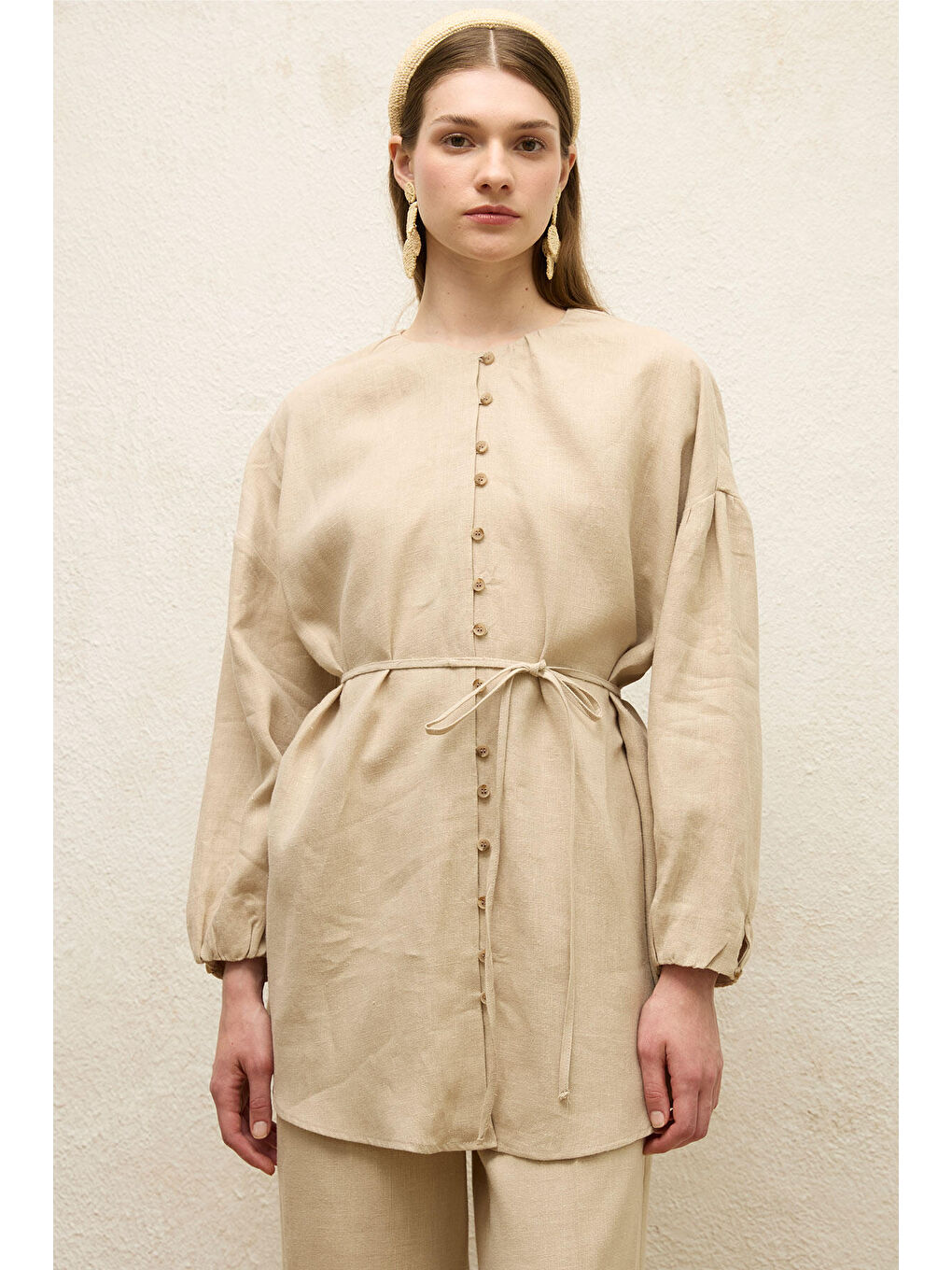 Bej Keten Balon Kol Gömlek Natural