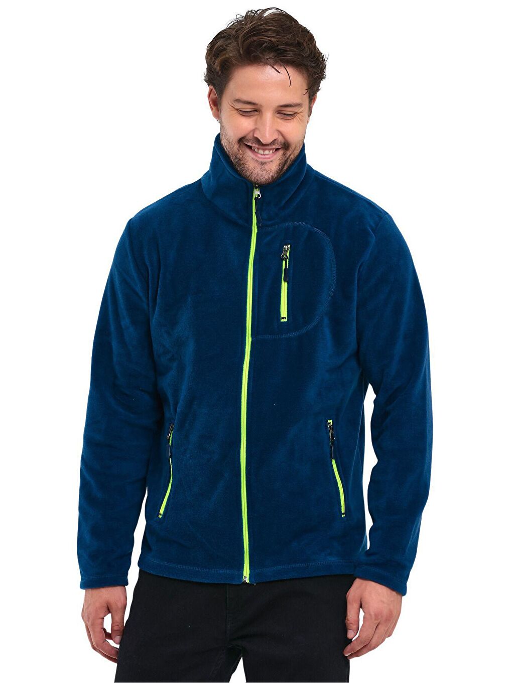 GENIUS STORE Mavi Erkek Polar Tam Fermuarlı 3 Cepli Outdoor Polar Ceket - 2