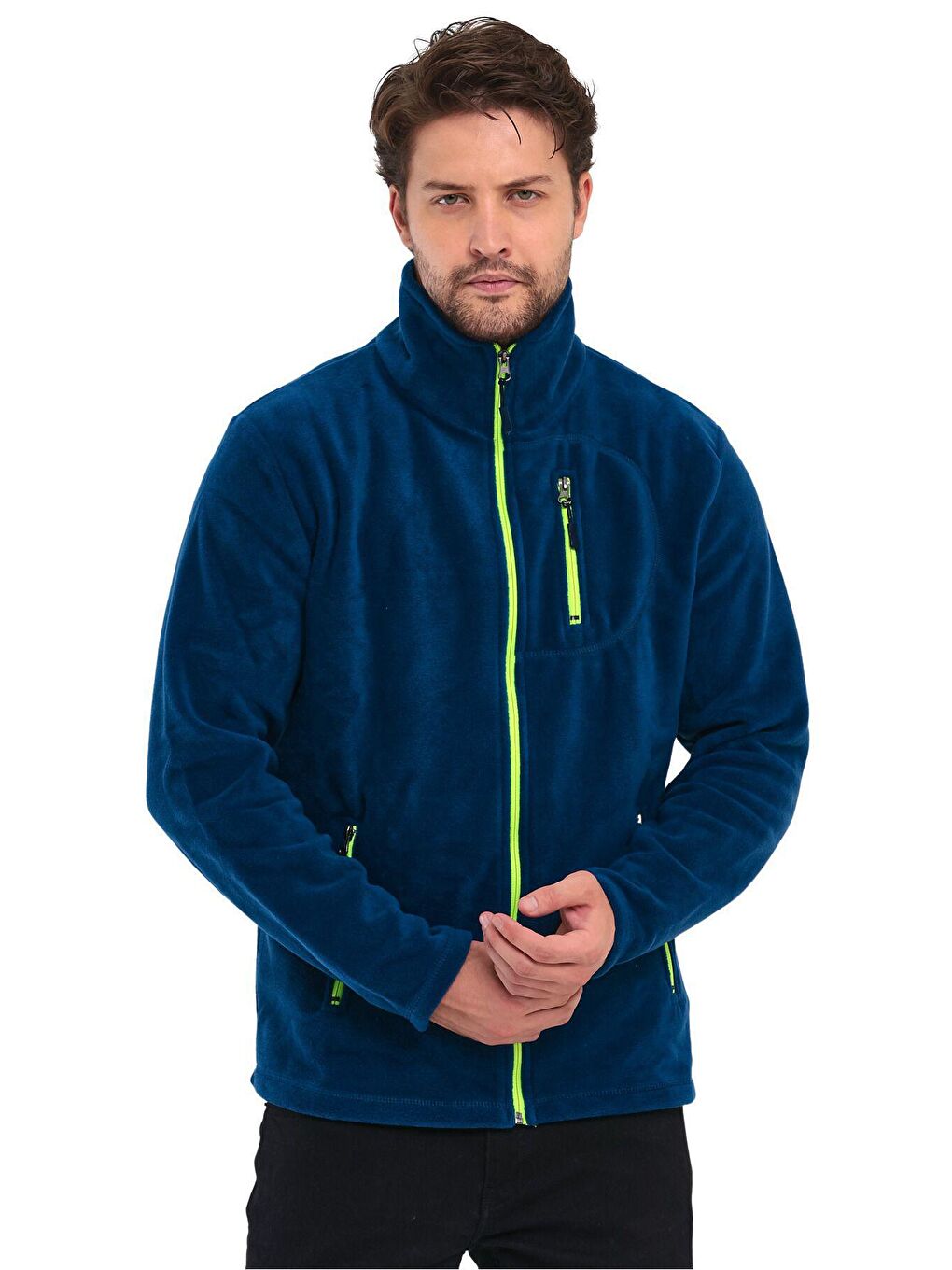 GENIUS STORE Mavi Erkek Polar Tam Fermuarlı 3 Cepli Outdoor Polar Ceket - 3