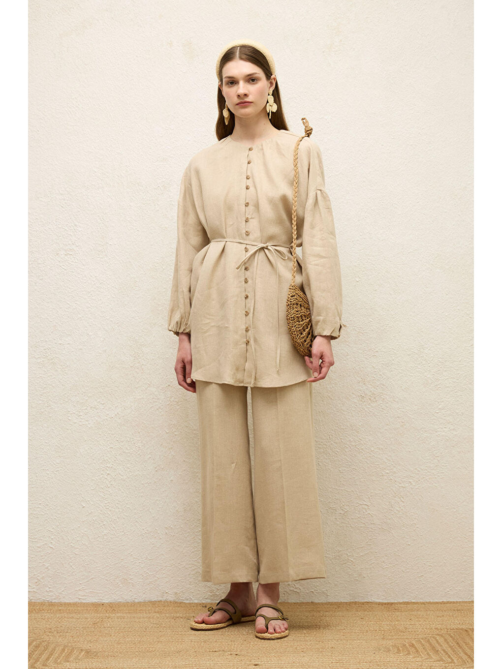 Bej Keten Balon Kol Gömlek Natural-1