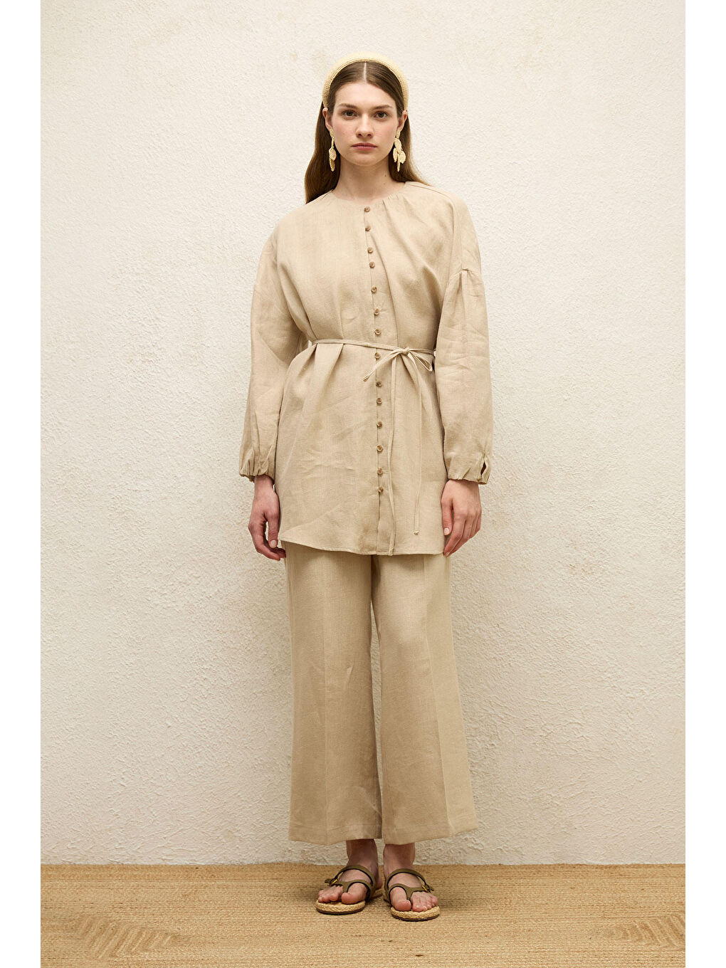 Bej Keten Balon Kol Gömlek Natural-2