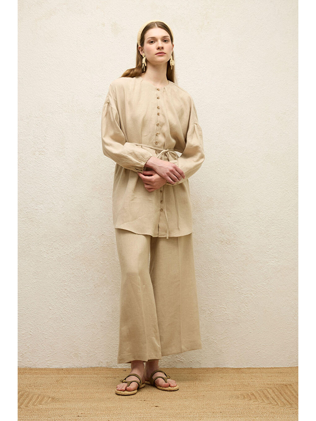 Bej Keten Balon Kol Gömlek Natural-3