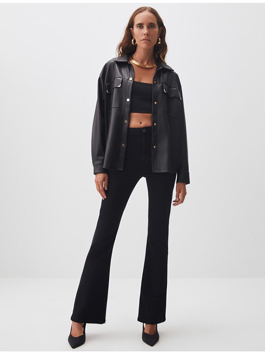 Siyah Yüksek Bel Bol Paça Jean Pantolon-4