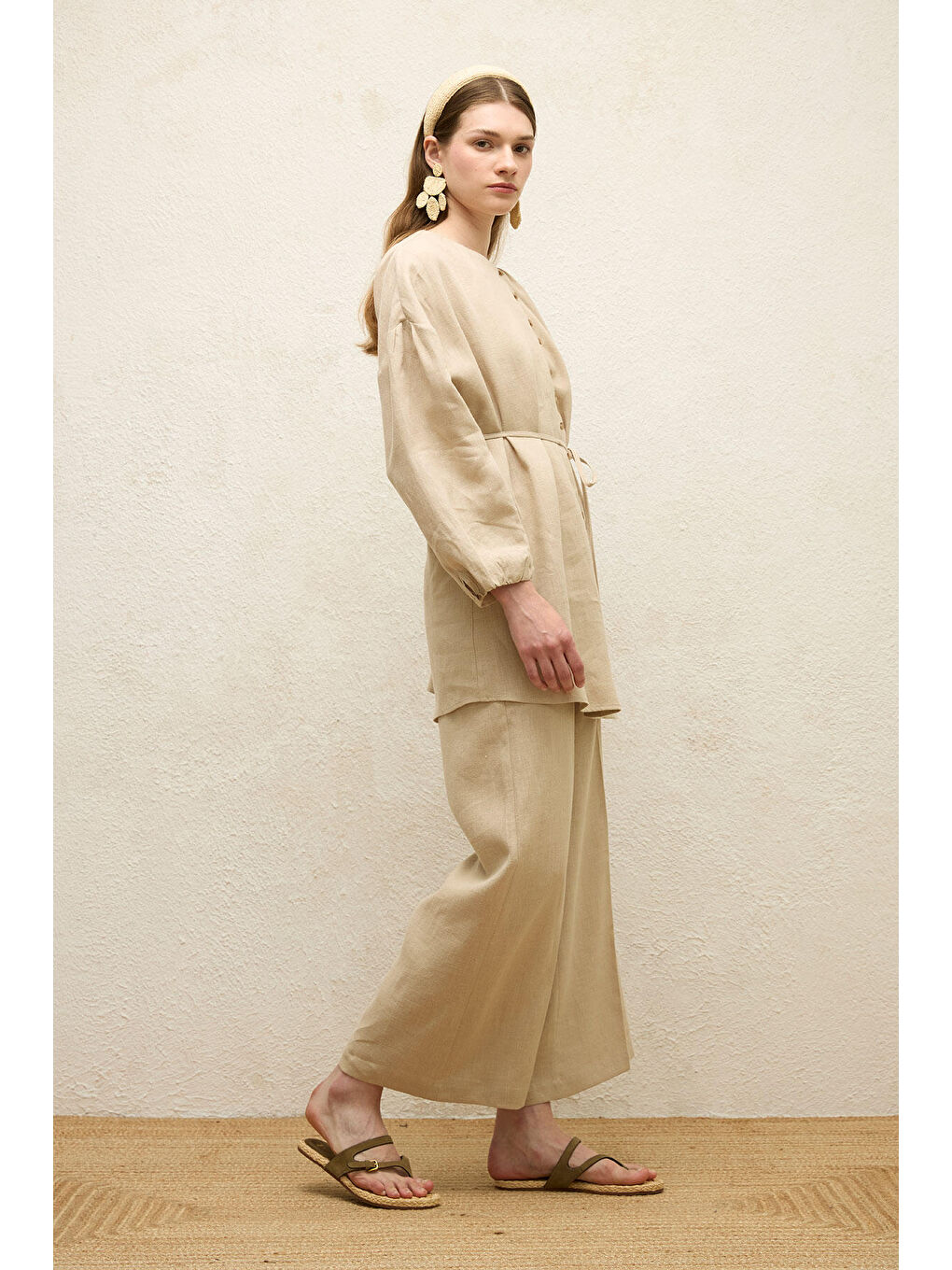 Bej Keten Balon Kol Gömlek Natural-4