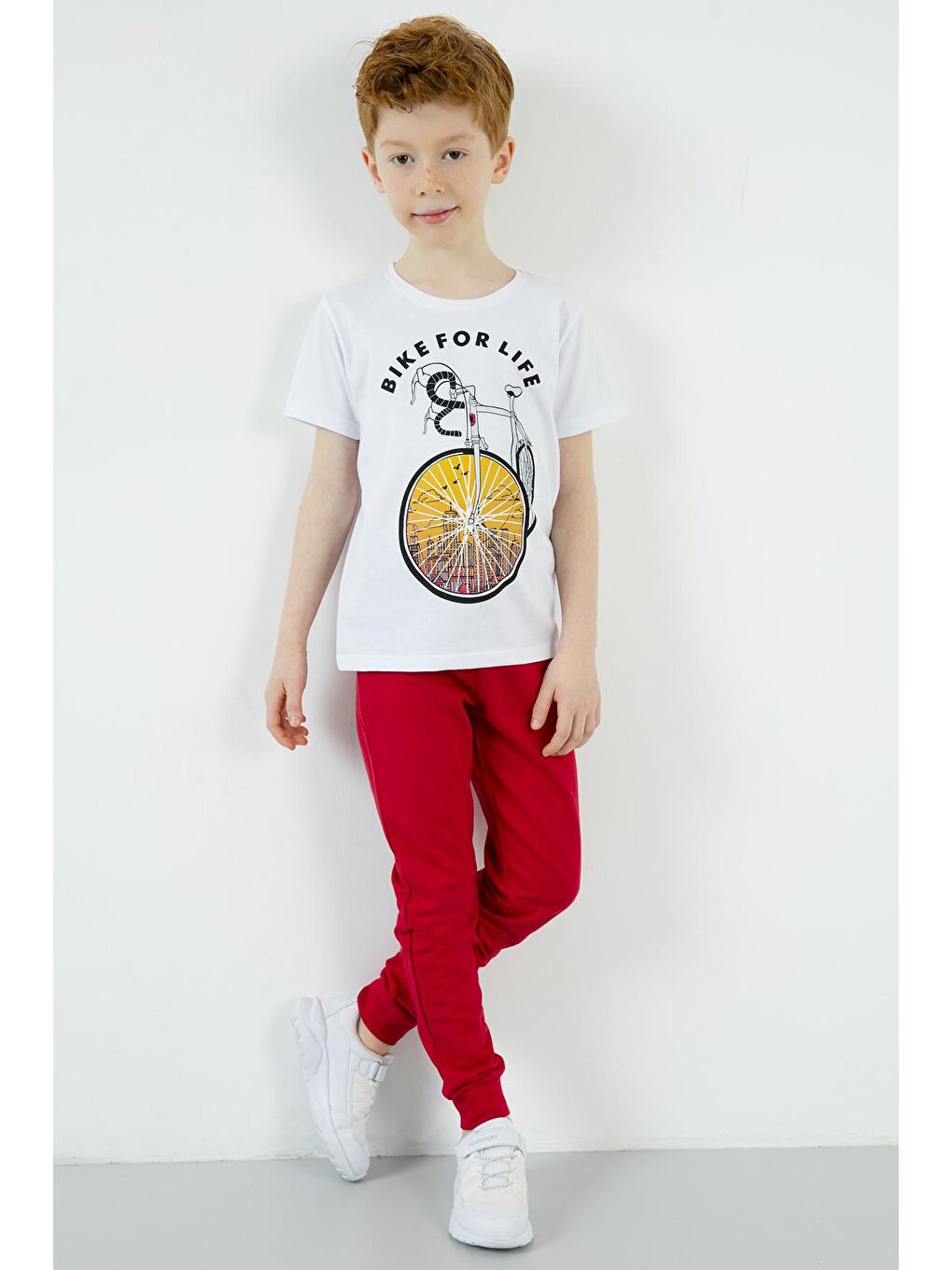 Beyaz Baskılı Bisiklet Yaka % 100 Pamuk T Shirt 5923416-3