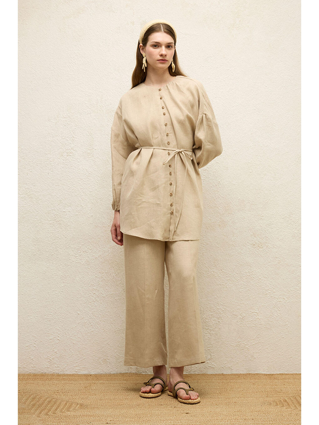 Bej Keten Balon Kol Gömlek Natural-5
