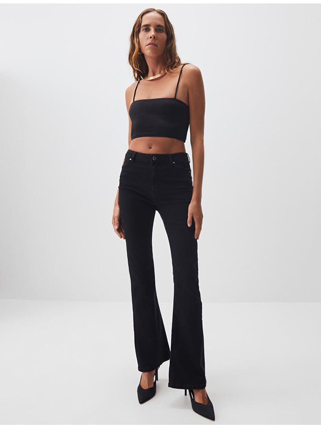 Siyah Yüksek Bel Bol Paça Jean Pantolon-1