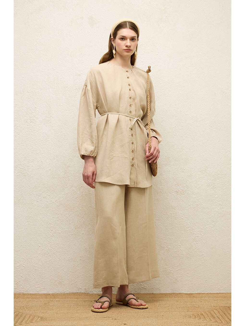 Bej Keten Balon Kol Gömlek Natural-6