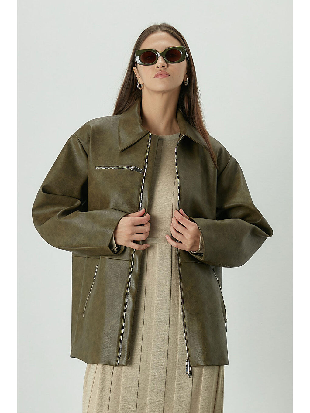 Eskitme Efektli Deri Ceket Yeşil-2