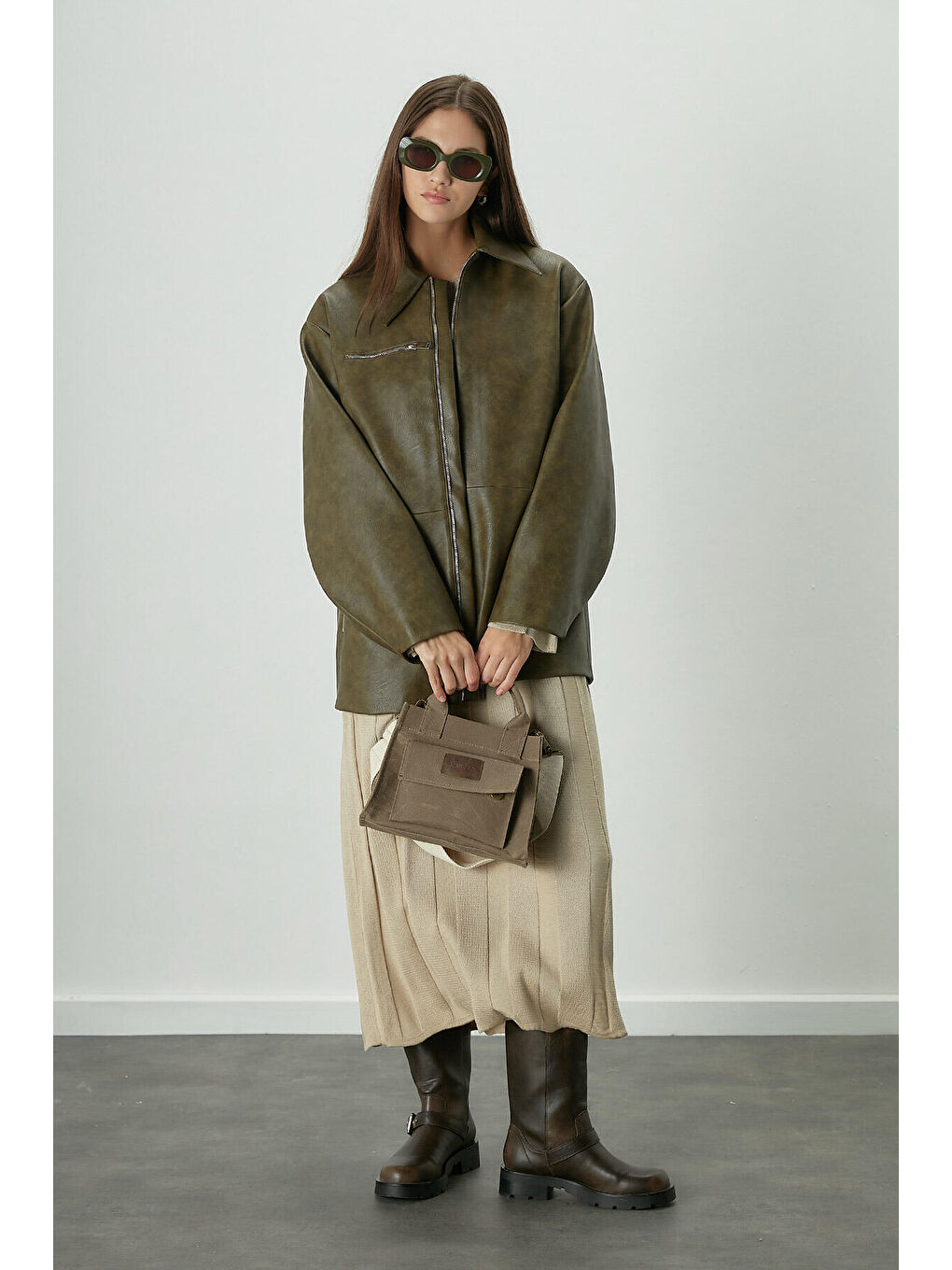 Eskitme Efektli Deri Ceket Yeşil-3