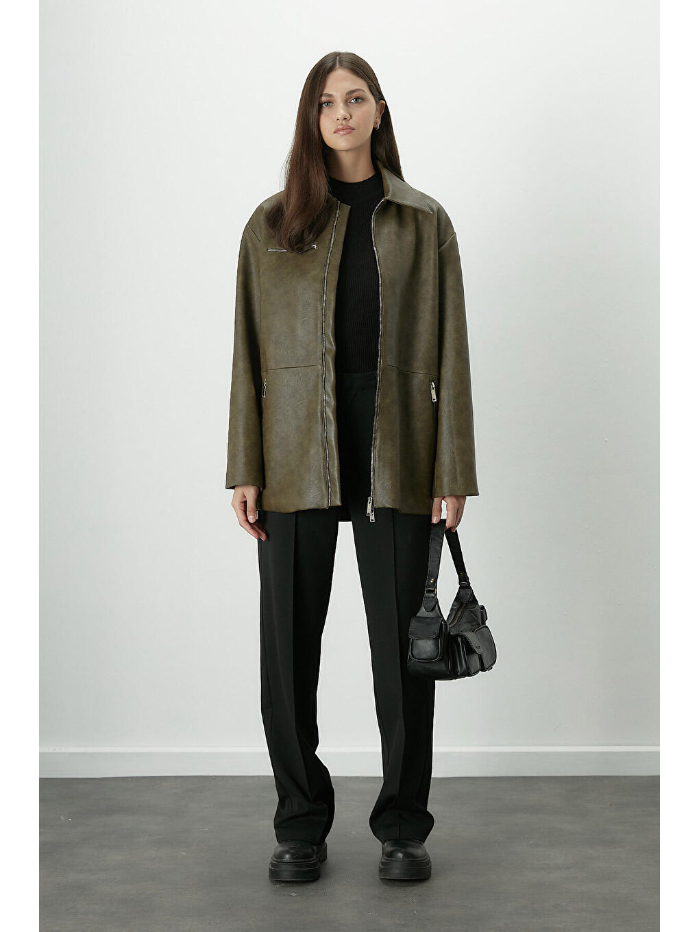 Eskitme Efektli Deri Ceket Yeşil-4