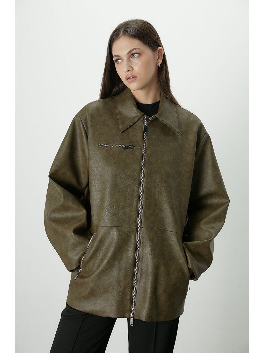 Eskitme Efektli Deri Ceket Yeşil-5