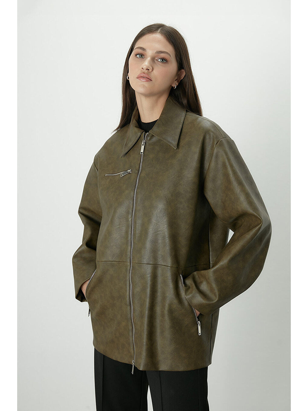 Eskitme Efektli Deri Ceket Yeşil-6