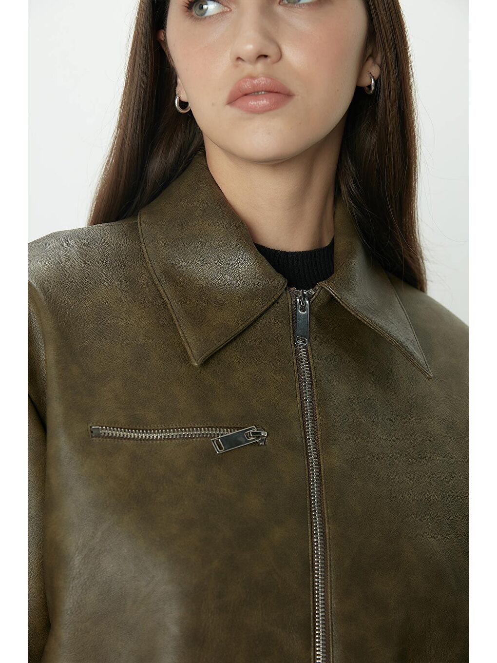 Eskitme Efektli Deri Ceket Yeşil-7