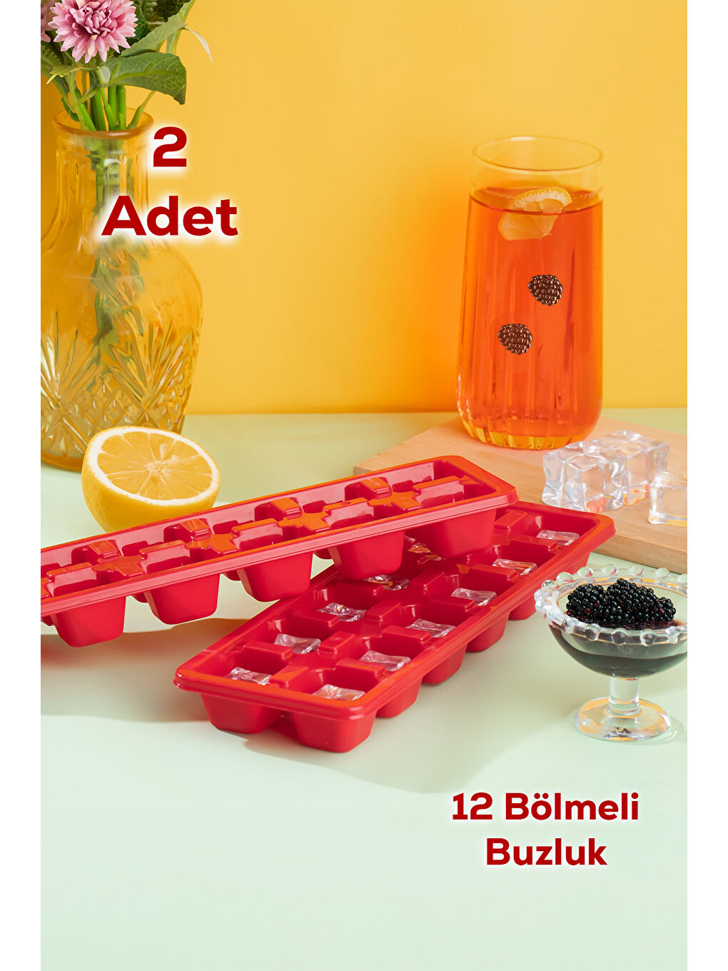 159 2li 12 Bölmeli Buz Kalıbı  Renkli Barista Buz Kalıbı  Kırmızı