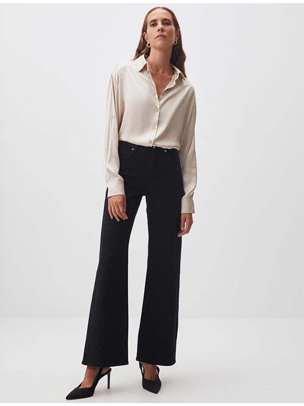 Bej Taş Uzun Kollu Saten Gömlek-2