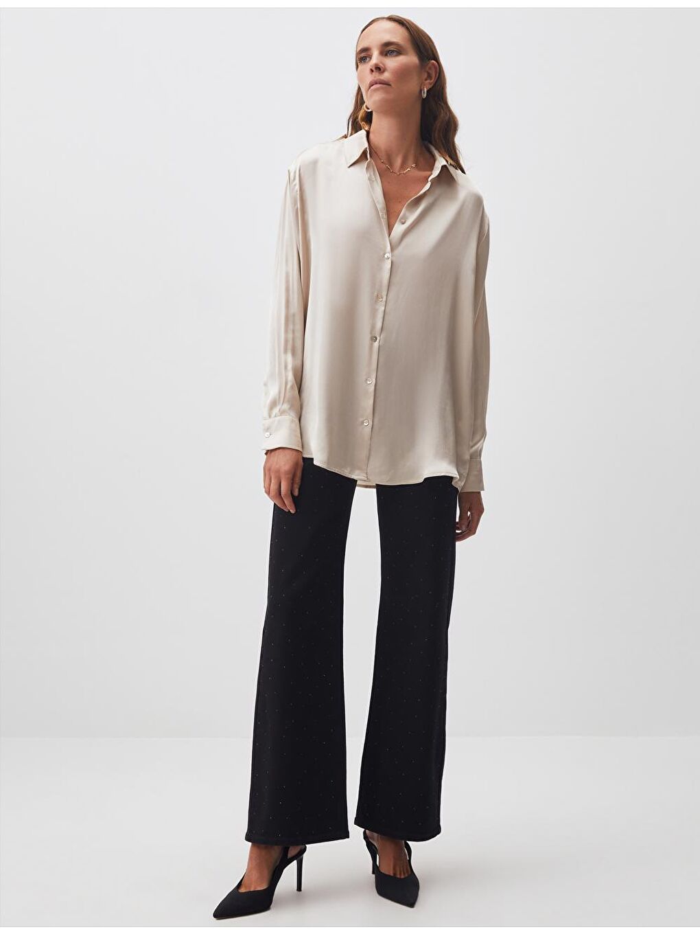 Bej Taş Uzun Kollu Saten Gömlek-3