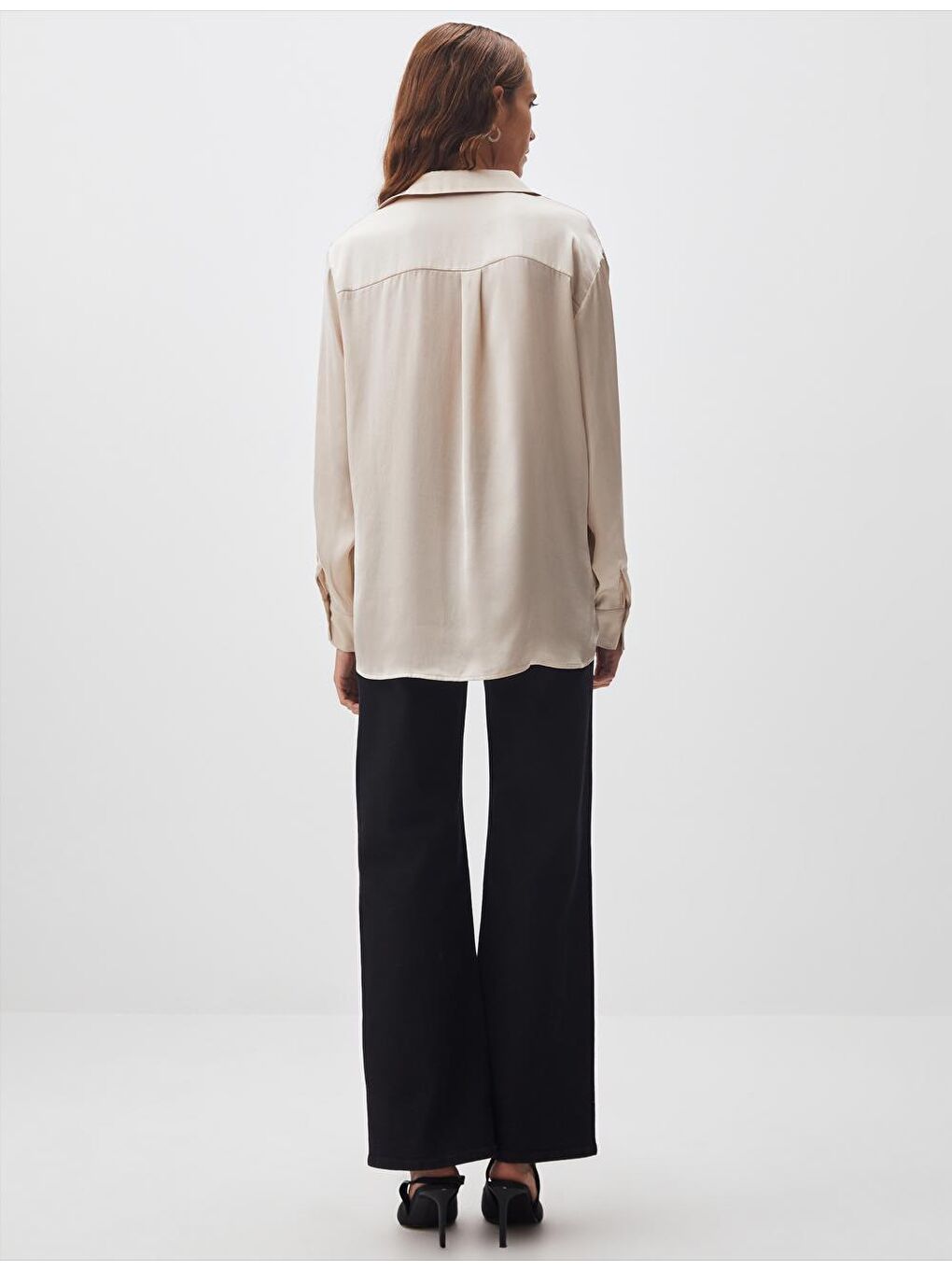 Bej Taş Uzun Kollu Saten Gömlek-4