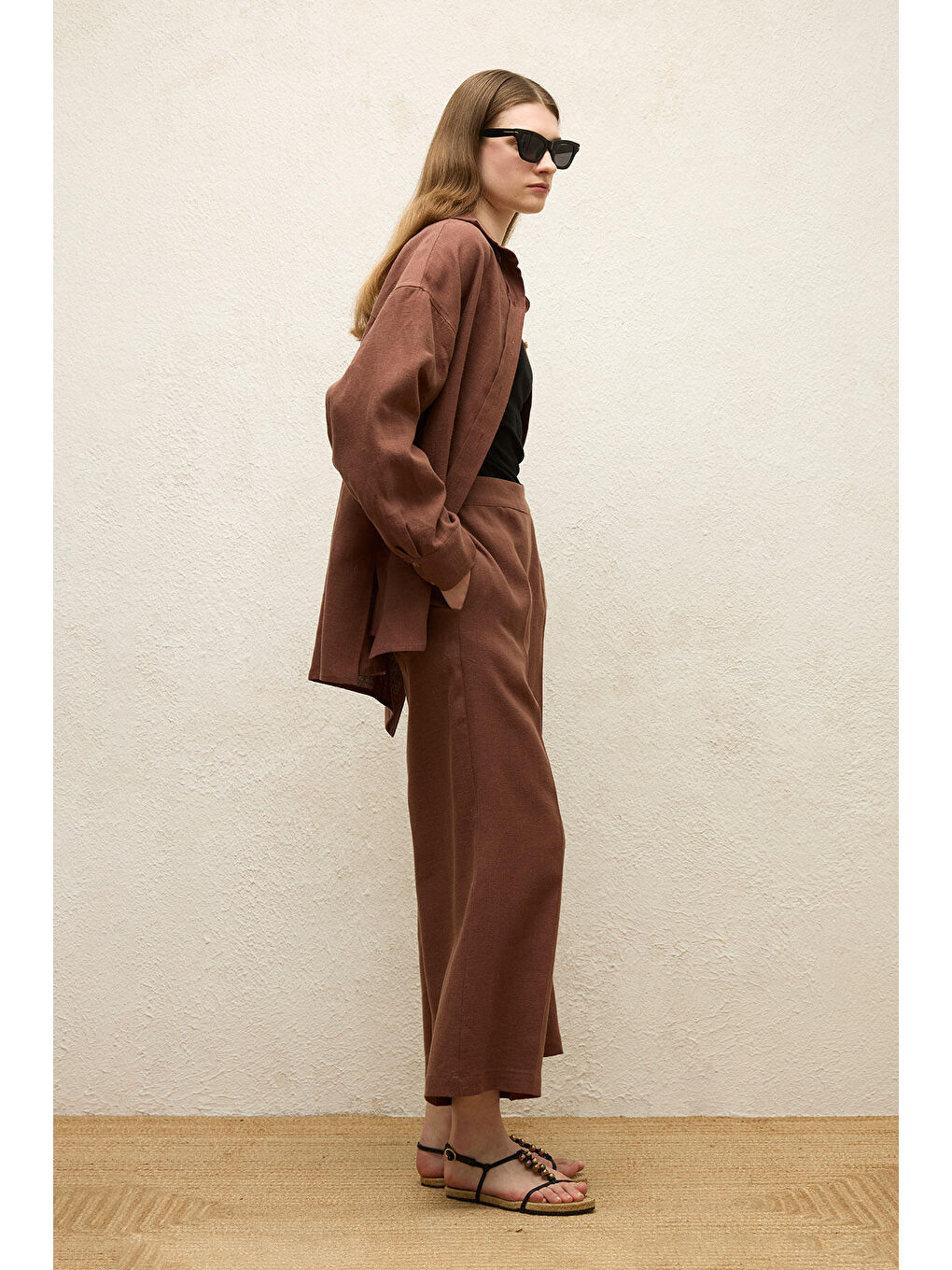 Kahverengi Ütü İzli Keten Pantolon Ağaç Kabuğu-5